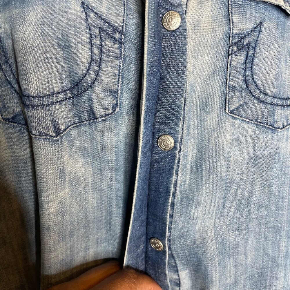 True Religion Womens Sleeveless Bleached Denim Chambray Georgia Dress Blue XS - Picture 6 of 9